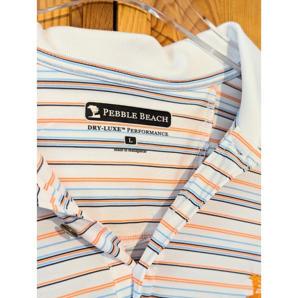Pebble Beach Men's Golf Polo‎ Large White Striped Short Sleeve Logo